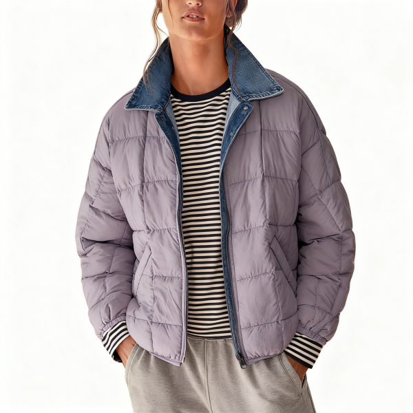 Lavender Denim-Collar Puffer Jacket