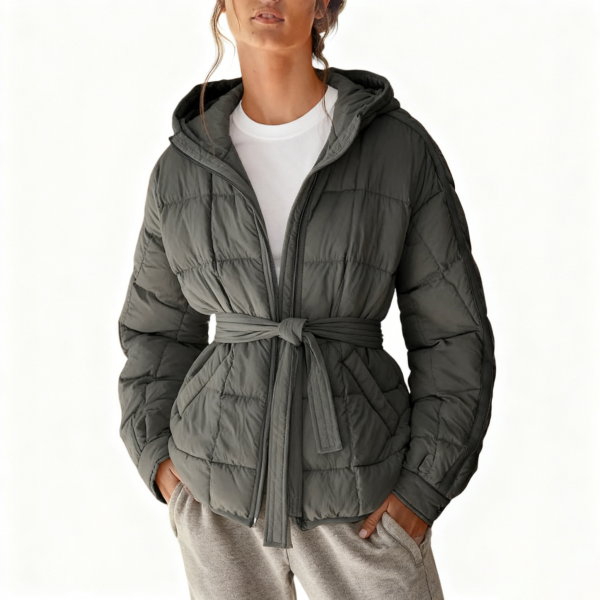Gray Self-Tie Waist Puffer Jacket