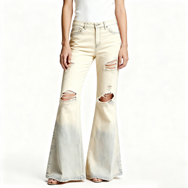 Cream Distressed Flared Jeans